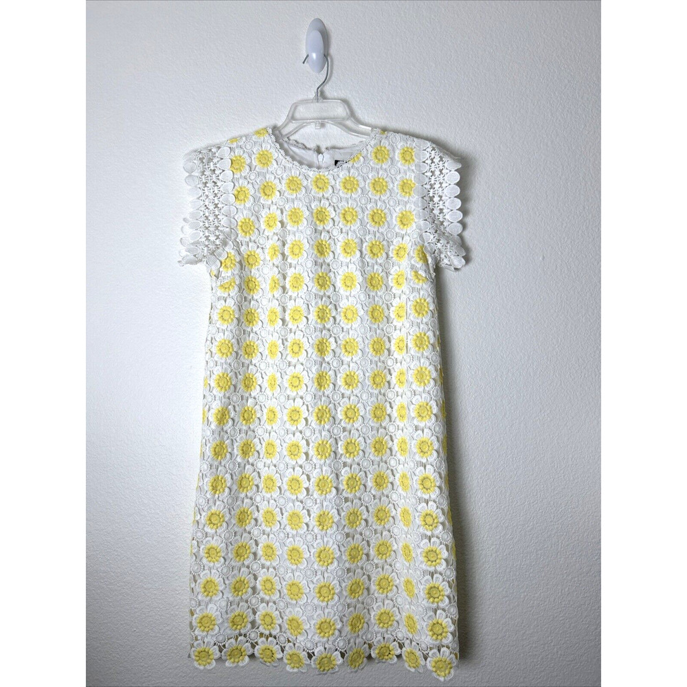 J CREW DRESS Womens SZ 6 Lace Crochet Floral Short Sleeve Yellow White Lined